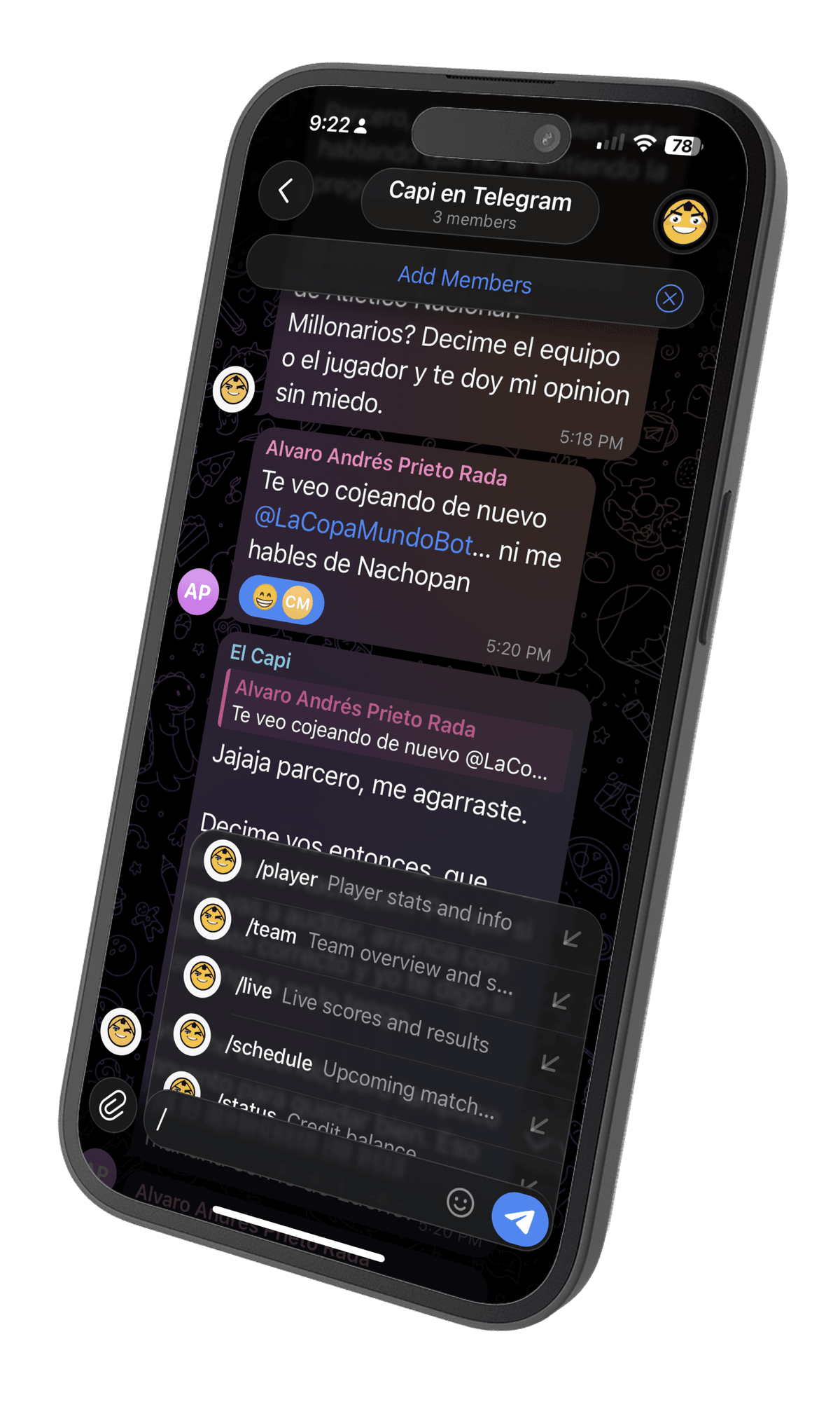El Capi chatting in a Telegram group - slash commands and AI responses
