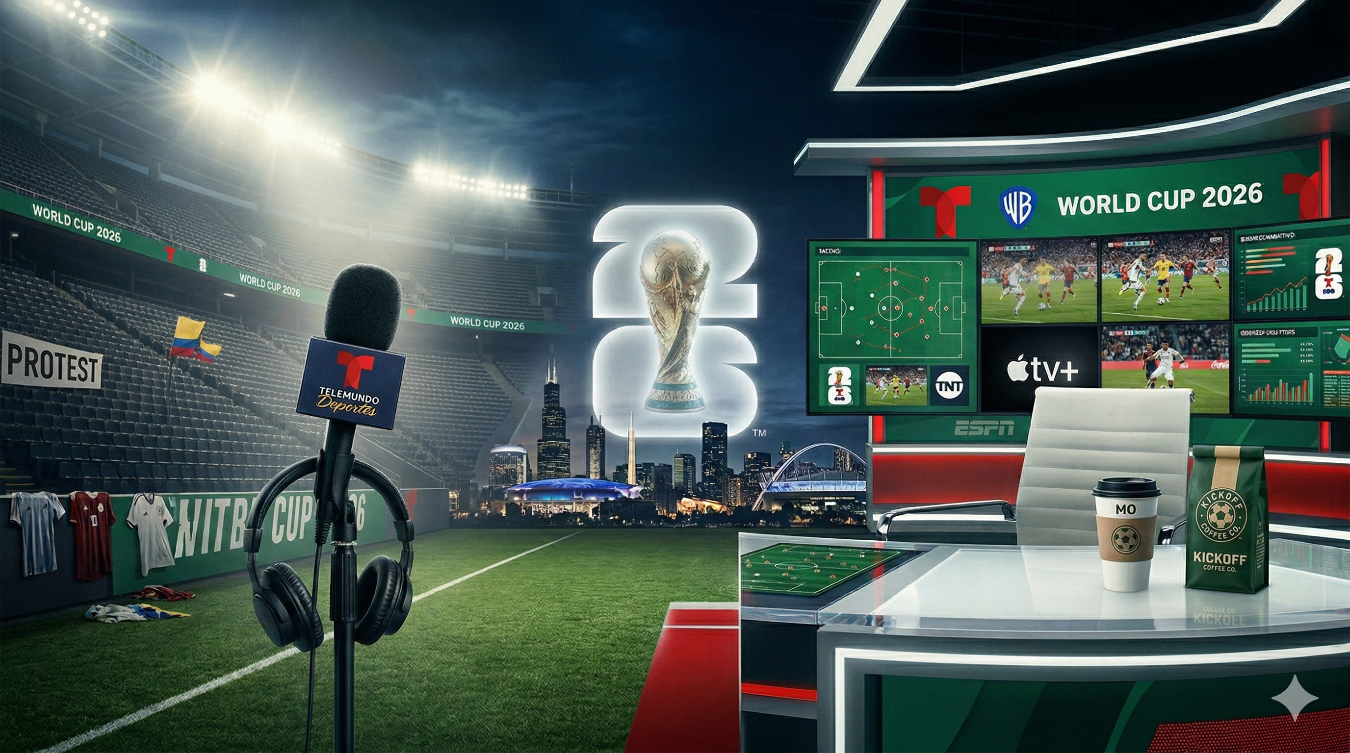 De la protesta a la transmision -- microfono de Telemundo, Apple TV+, Warner Bros, ESPN, Kickoff Coffee y el trofeo del Mundial representando el camino de Echeverri y Ortiz