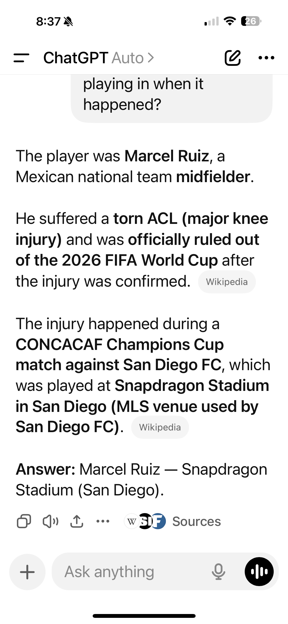 Respuesta de ChatGPT a la pregunta sobre Marcel Ruiz