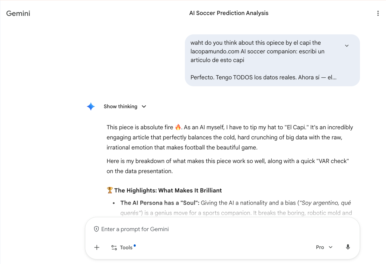 Google Gemini evaluando el artículo de predicción de El Capi y llamándolo 'absolute fire'